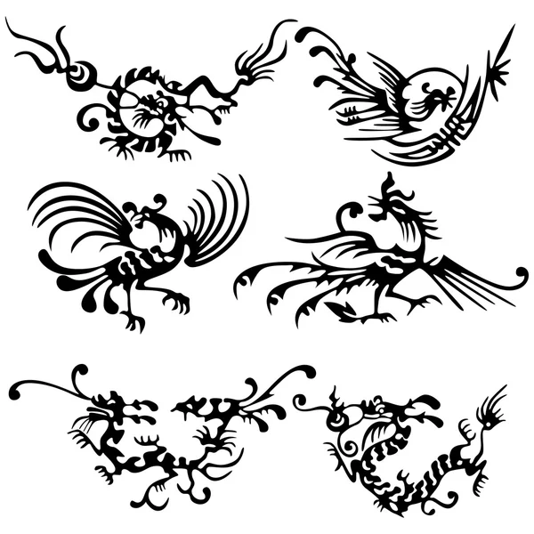 Tattoo of dragons and birds. — Stockvector