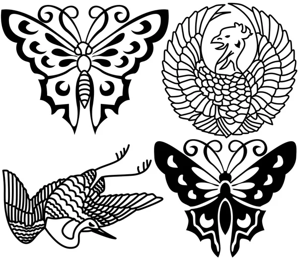 Tatouage, oiseaux, papillons . — Image vectorielle