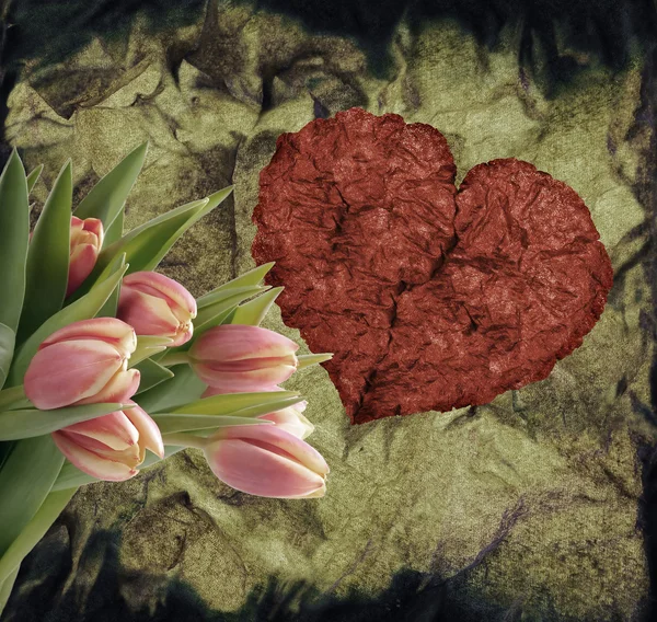 Grunge heart with tulips — Stock Photo, Image