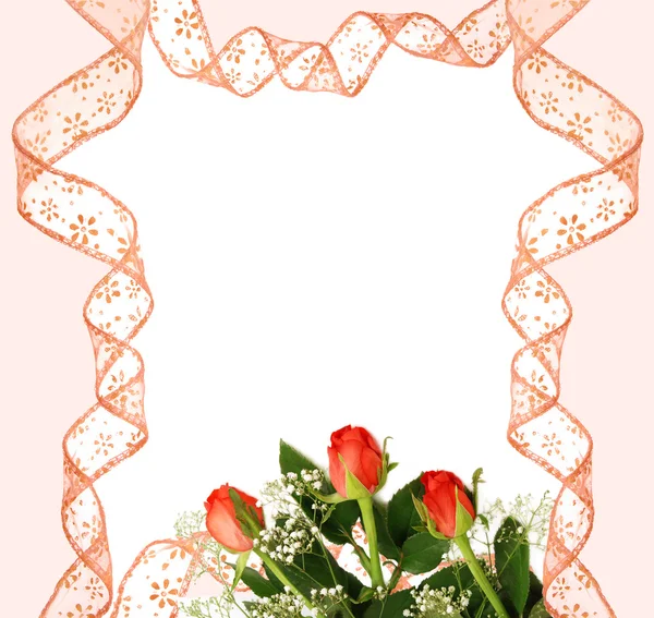 Καρέ ροζ κορδέλα με τριαντάφυλλα — Φωτογραφία Αρχείου