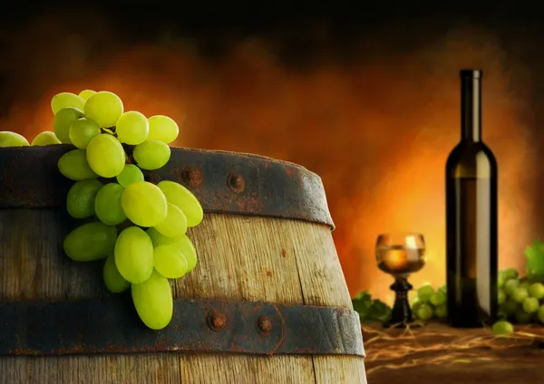 Barril de vinho, uva e composição do vinho — Fotografia de Stock