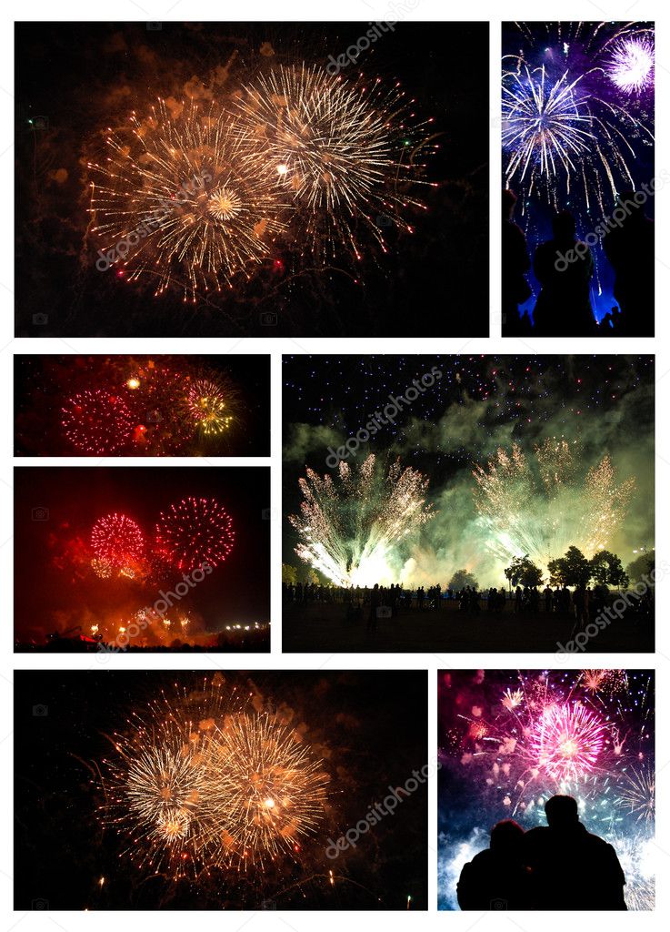 Collage of exploding fireworks.
