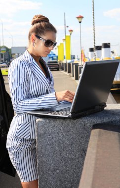 Woman with computer on quay clipart