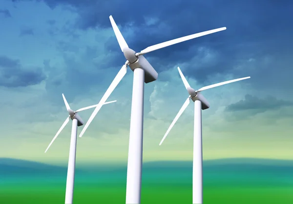 Tři bílé větrné turbíny — Stock fotografie