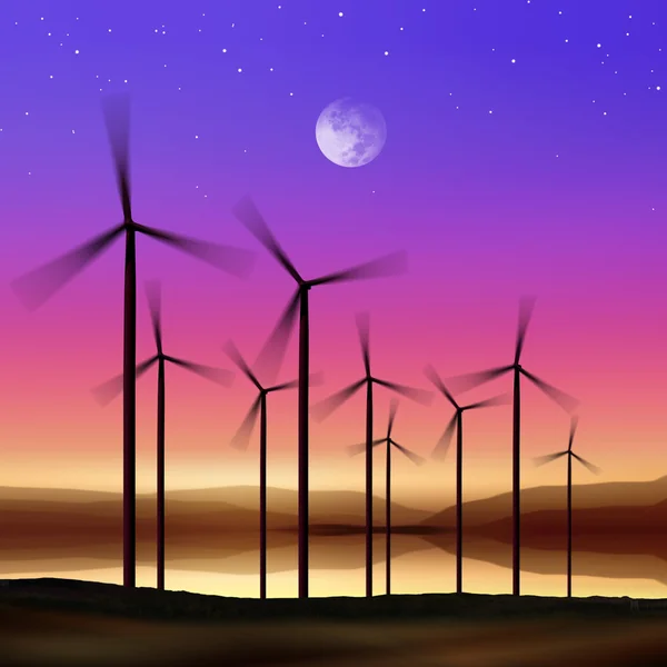 Větrné turbíny v noci — Stock fotografie