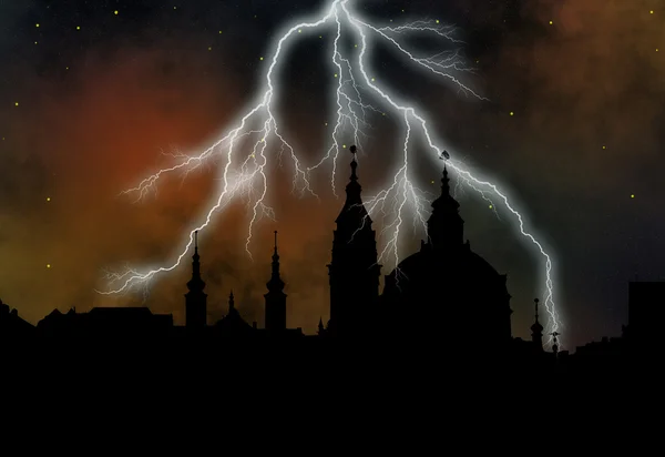 Outline of the St Nikolas church at stormy night - Prague — Stock Photo, Image