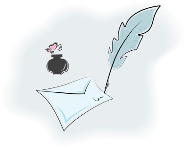 Letter, feather and inkpot with butterfy clipart
