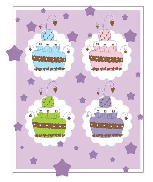 Cartão de aniversário com quatro bolos — Vetor de Stock