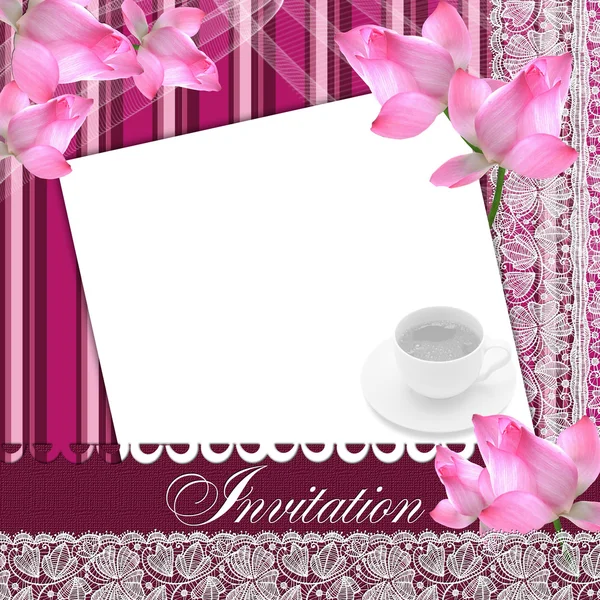 Cartão de convite com rendas, xícara de café e lótus — Fotografia de Stock