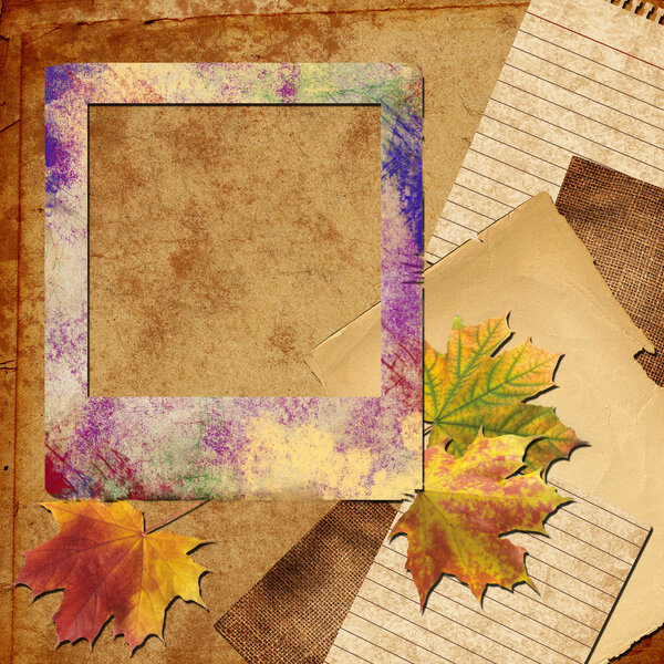 Autumn polaroid photo frame with leaves, fabric and paper