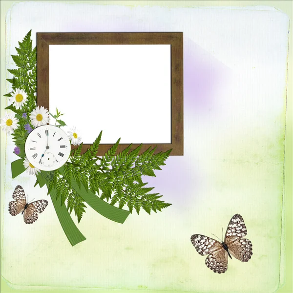 Houten frame met bloemen en klok — Stockfoto