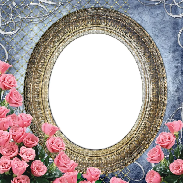 stock image Vintage Frame for photo with roses on grunge blue backgruond