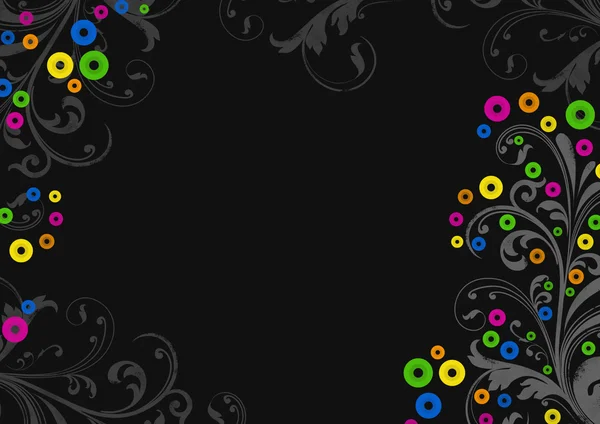 Fondo negro con círculos coloridos y rizos vegetativos —  Fotos de Stock