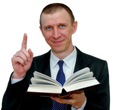 Smiling businessman with a book clipart