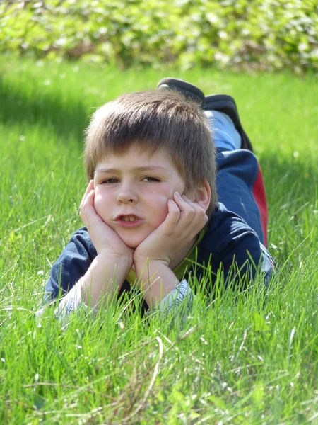 The boy lay on the grass — ストック写真