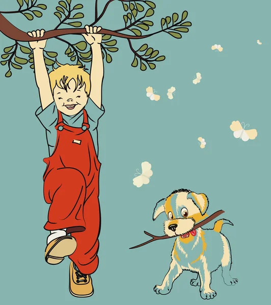 Счастливый мальчик с собакой — стоковый вектор