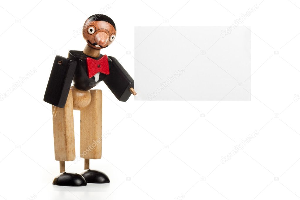 Puppet holding a blank invitation or greetings card,