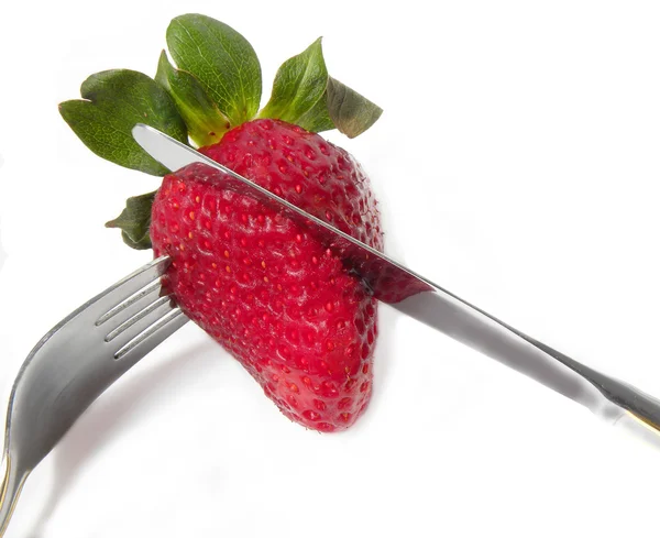 Strawberry with a knife and fork — Stock Photo, Image