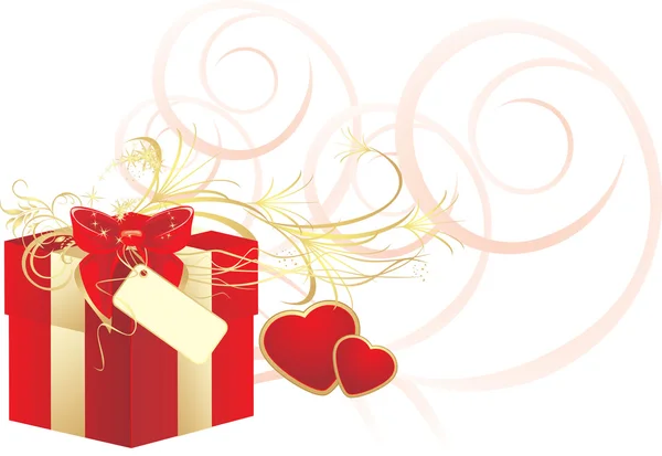 Caixa vermelha decorativa com arco e corações —  Vetores de Stock