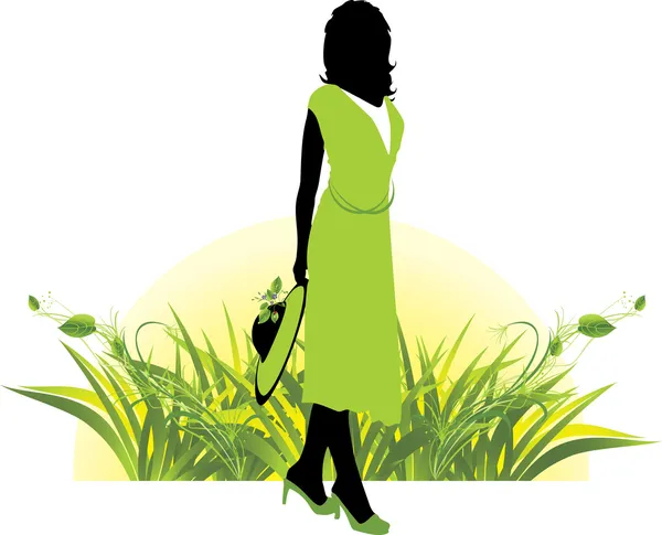 草の間で女性のシルエット。春 — ストックベクタ