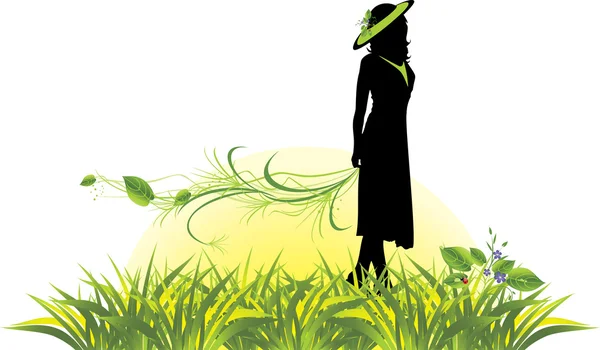 Silueta femenina con ramita entre hierba — Vector de stock
