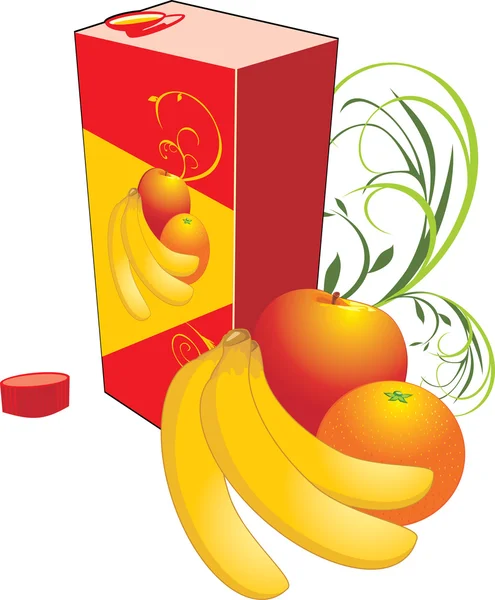 Embalaje con el jugo y frutas — Stockvector