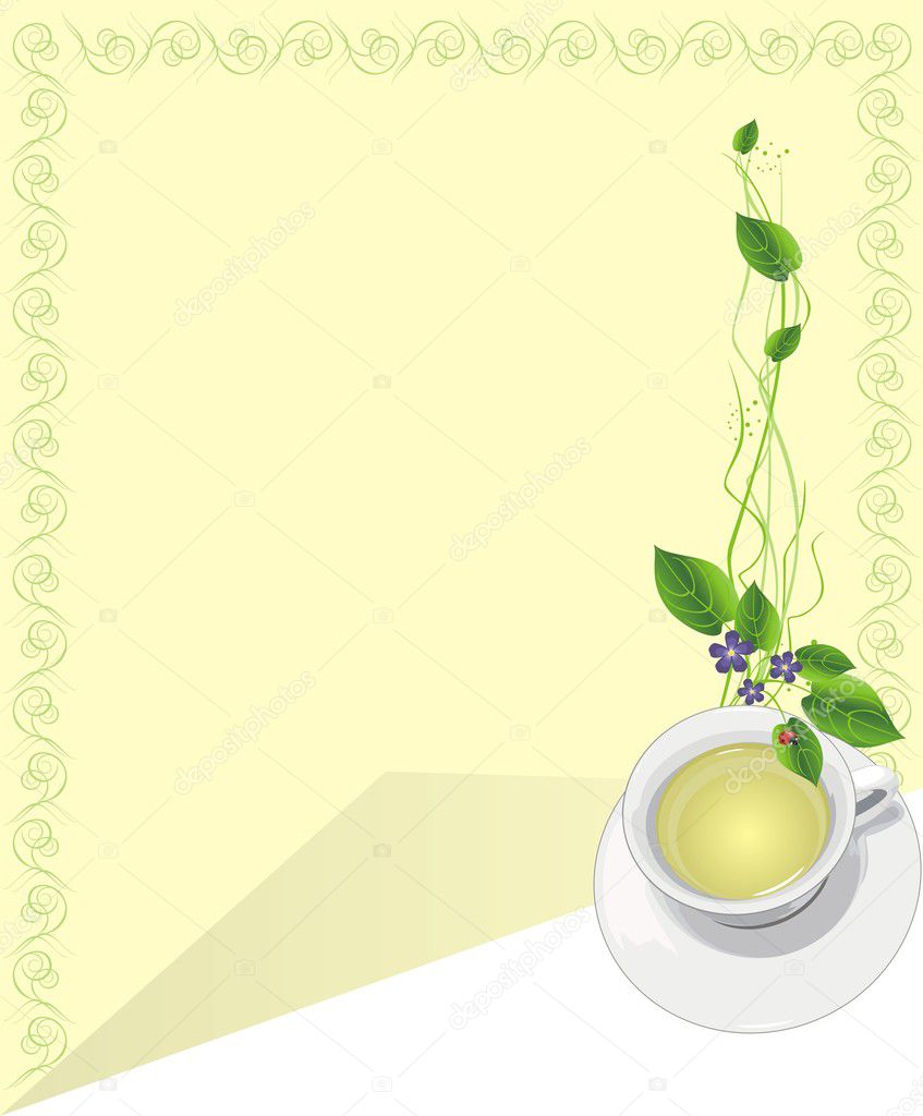 Cup with tea and sprigs. Card
