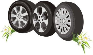 Wheels of cars with chamomiles clipart