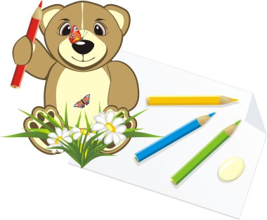 Bruin with pencils and chamomiles clipart