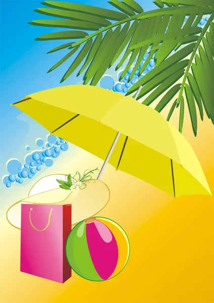 Chapéu, saco e bola sob um guarda-chuva — Vetor de Stock