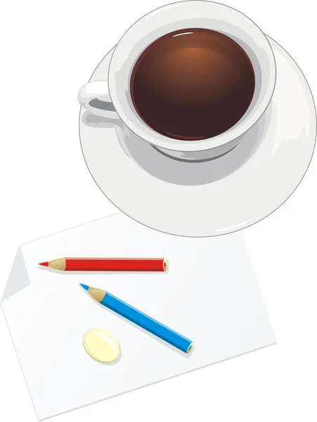 Tasse und Papier mit Bleistiften — Stockvektor