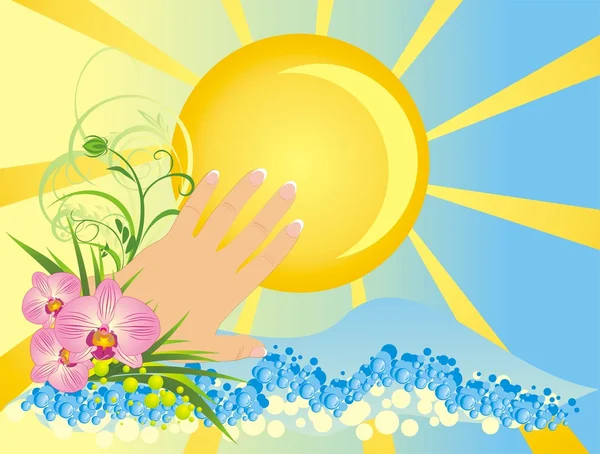 Womanish χέρι και λουλούδια. καλοκαίρι — Διανυσματικό Αρχείο