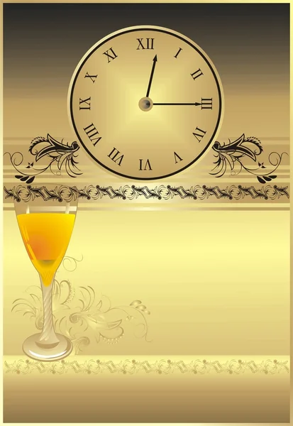 Horloge et verre avec ornement — Image vectorielle