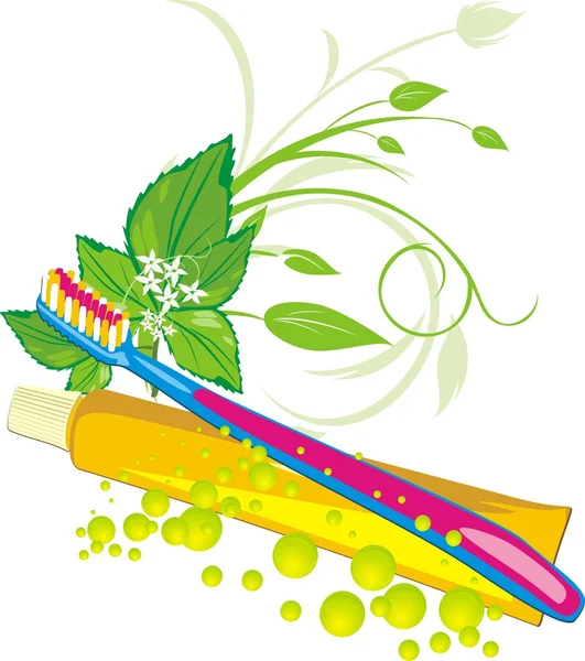 Mint sprig, drops, tooth brush and paste — Stock Vector