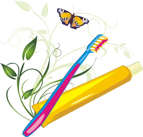 Větvička, motýl, zubní kartáček a pasta — Stockový vektor