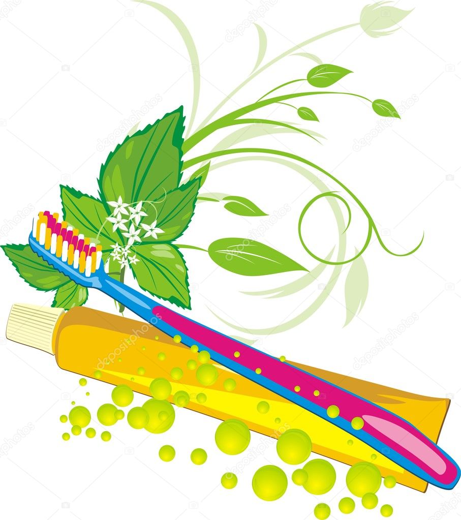 Mint sprig, drops, tooth brush and paste