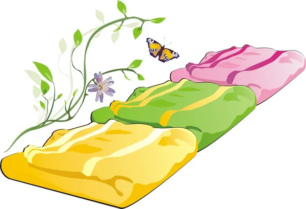 Tres toallas, ramita y mariposa — Vector de stock