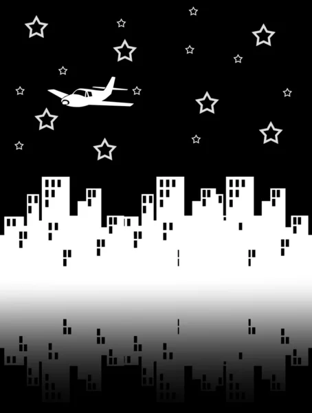 Airplene と星を持つ都市の白いシルエット — ストック写真