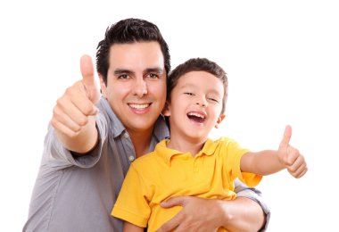 Father and son having fun with a wave of positivism clipart