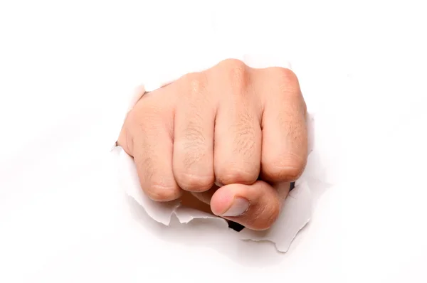Mão Perfurando Através Papel Isolado Ove Fundo Branco — Fotografia de Stock