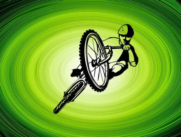Człowiek Rowerze Jumpping Zielone Tło — Zdjęcie stockowe