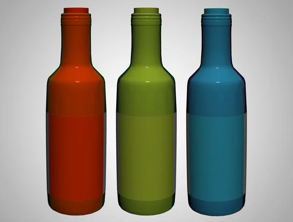 Drie Flessen Grijze Achtergrond Rood Groen Blauw — Stockfoto
