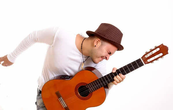Man Playing Acoustic Guitar White Background — Stock Photo, Image