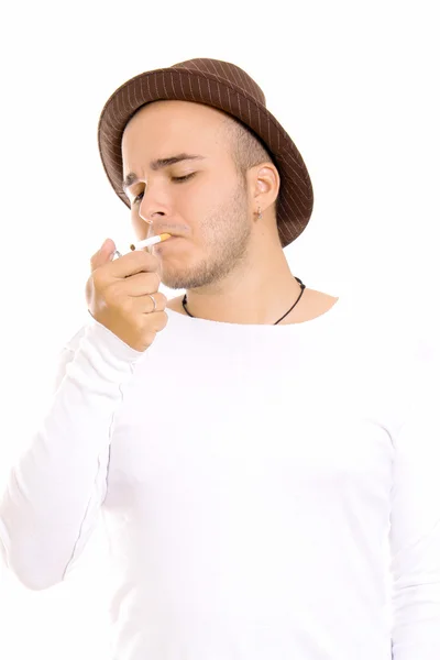 Man Cigarette White Background Isolated Image — Stock Photo, Image
