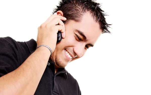 Молодой Человек Говорит Телефону Высоком Фоне — стоковое фото