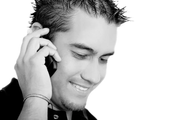 Młody Człowiek Rozmowy Telefon Komórkowy Białym Tle Czarno Biały Obraz — Zdjęcie stockowe