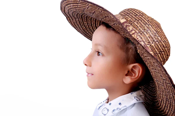 Four Years Old Child Looking Hat White Background — Stock Photo, Image