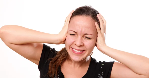 Kobieta Bólem Głowy Wyrazem Bólu Jego Twarzy — Zdjęcie stockowe