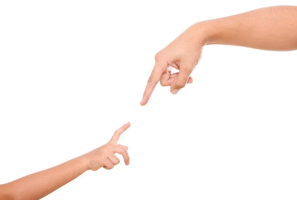 Father Son Hand Trying Achieved White Background — Stock Photo, Image