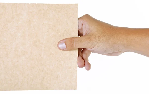 Hand Taking Blank Cardboard White Background — Stock Photo, Image